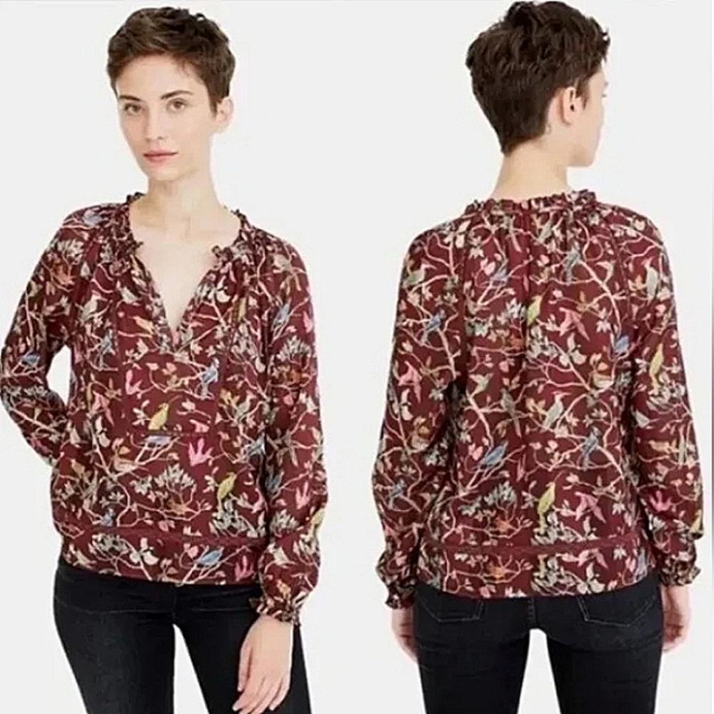 NWOT Point Sur Ruffle Neck Popover Blouse Menagerie Burgundy Bird Floral